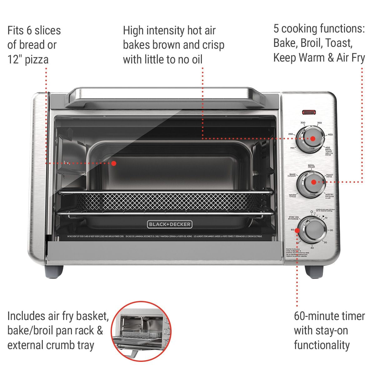 Crisp 'N bake 6-Slice Air Fryer Toaster Oven, Stainless Steel, 5 Cooking Functions I1X4 - product image 3