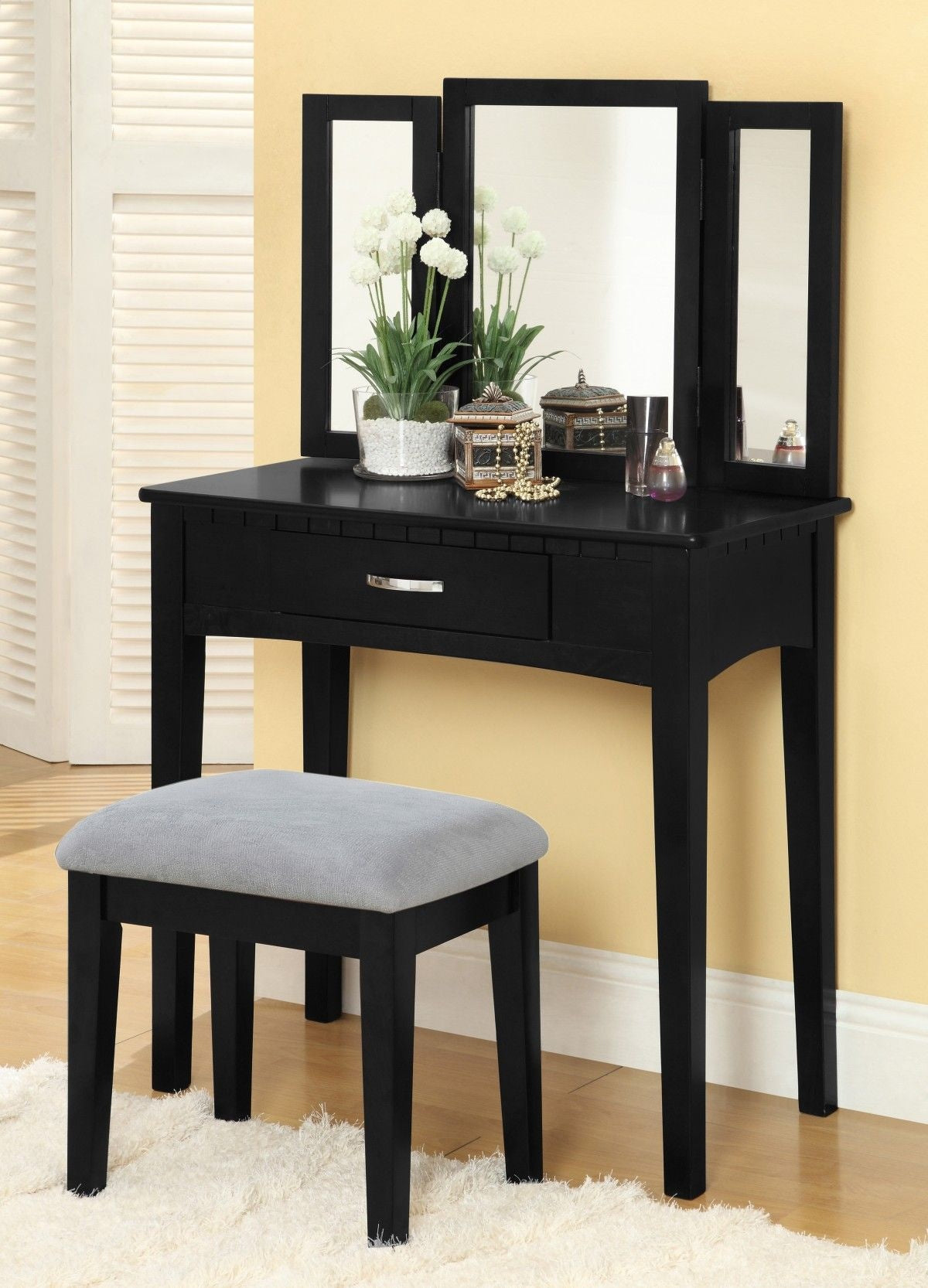 Lynn 1-Drawer Black Dressing Table Makeup Vanity Set with Stool and Mirror V9Y0 - product image 4