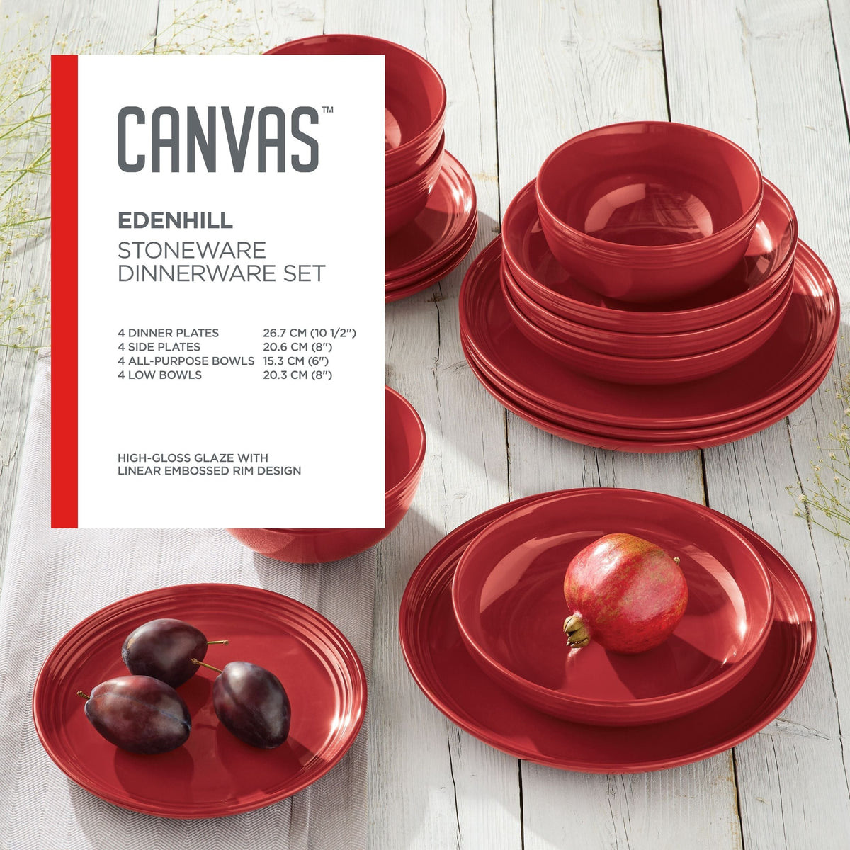 Edenhill Farmhouse Bistro Stoneware Dinnerware Set, Serves 4, 16-pc, Red Y2H3 - product image 4