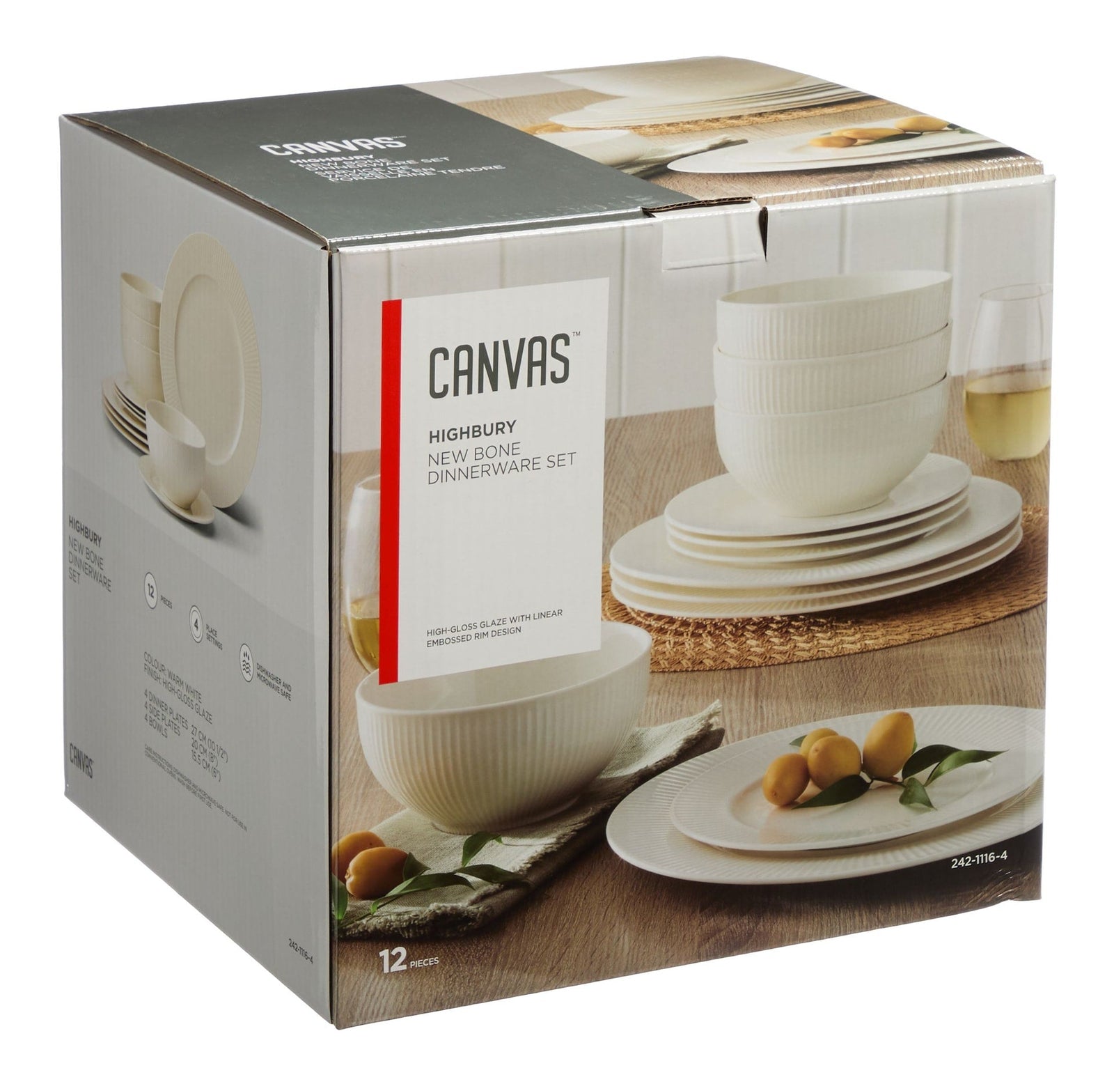 Highbury Ribbed New Bone Dinnerware Set, Serves 4, 12-pc, White C2Y2 - product image 2