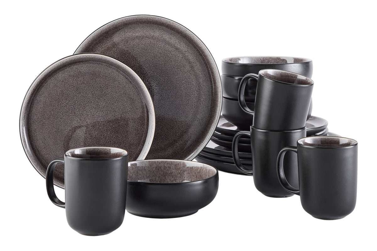 Kenway Stoneware Dinnerware Set, Serves 4, 16-pc, Matte Black & Taupe Reactive Glaze F9N4 - product image 1