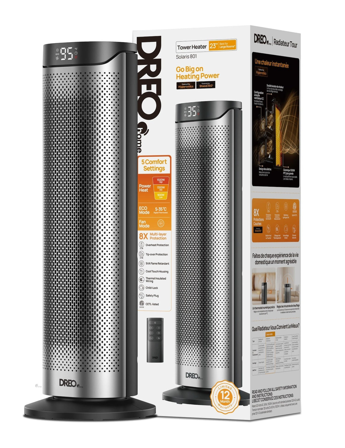 Home 1500W PTC Convection Oscillating Ceramic Electric Tower Heater, 23-in U9W9 - product image 2