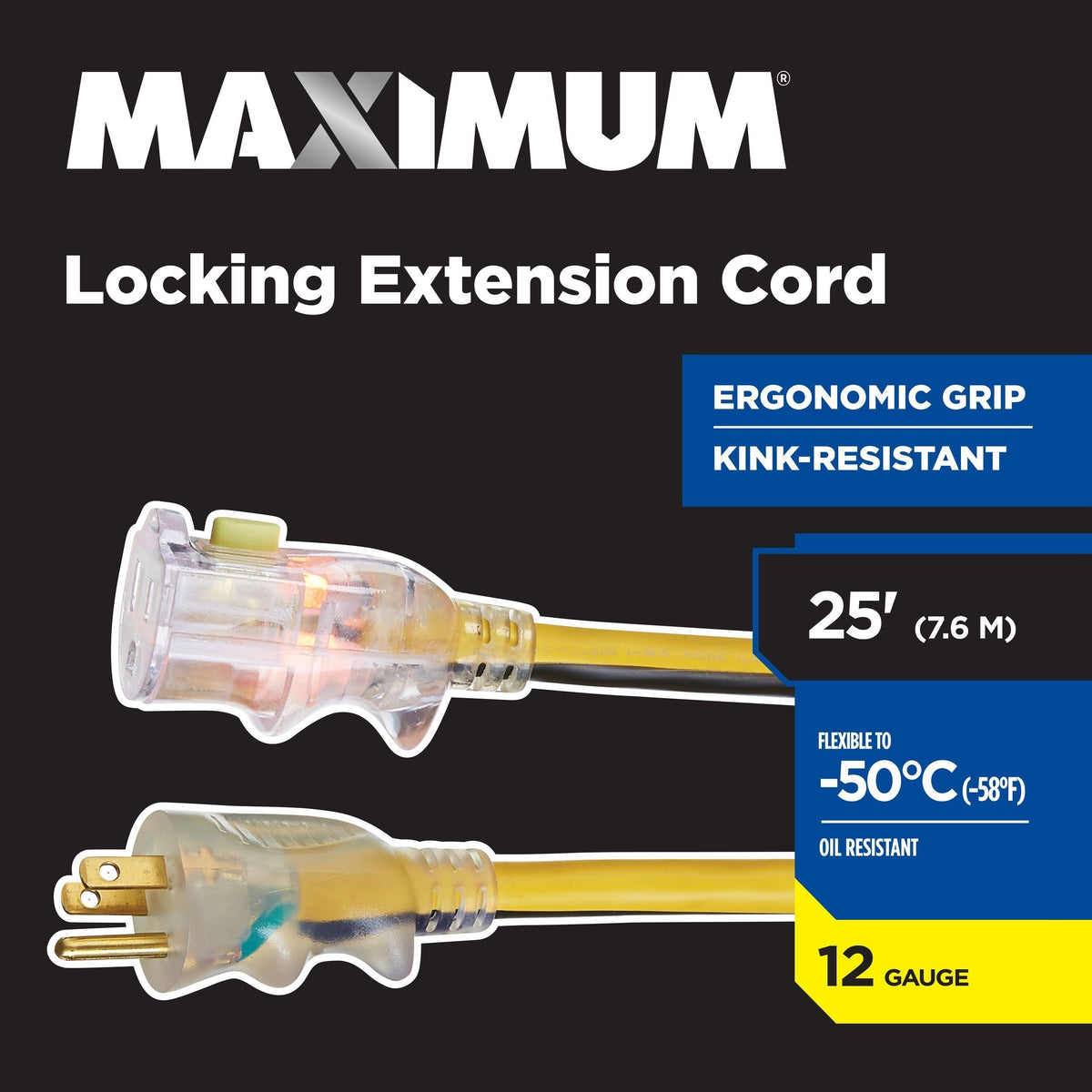 25-ft 12/3 Outdoor Extension Cord with Grounded Outlet, Lighted End and Locking Connector, Yellow/Black Y8Q9 - product image 5