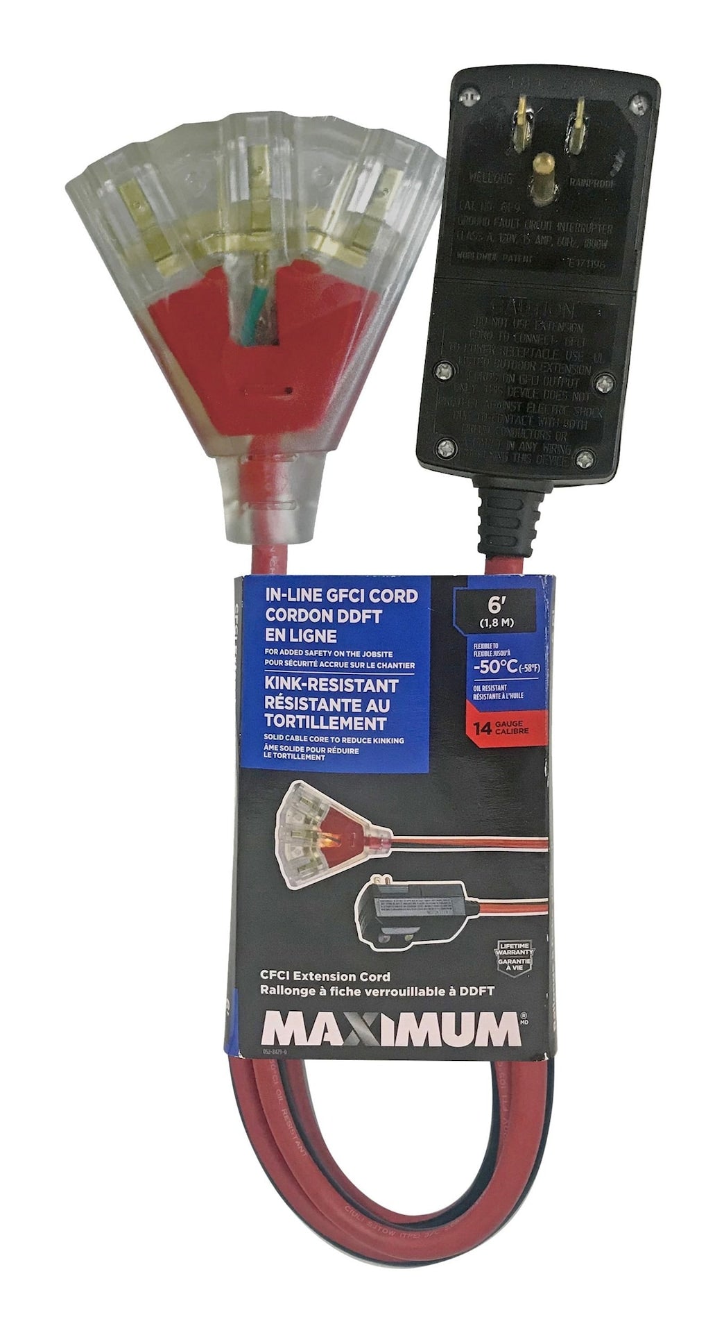 6-ft 14/3 Outdoor GFCI Extension Cord with 3 Grounded Outlets, Lighted End, Block/Red H6Q7 - product image 4