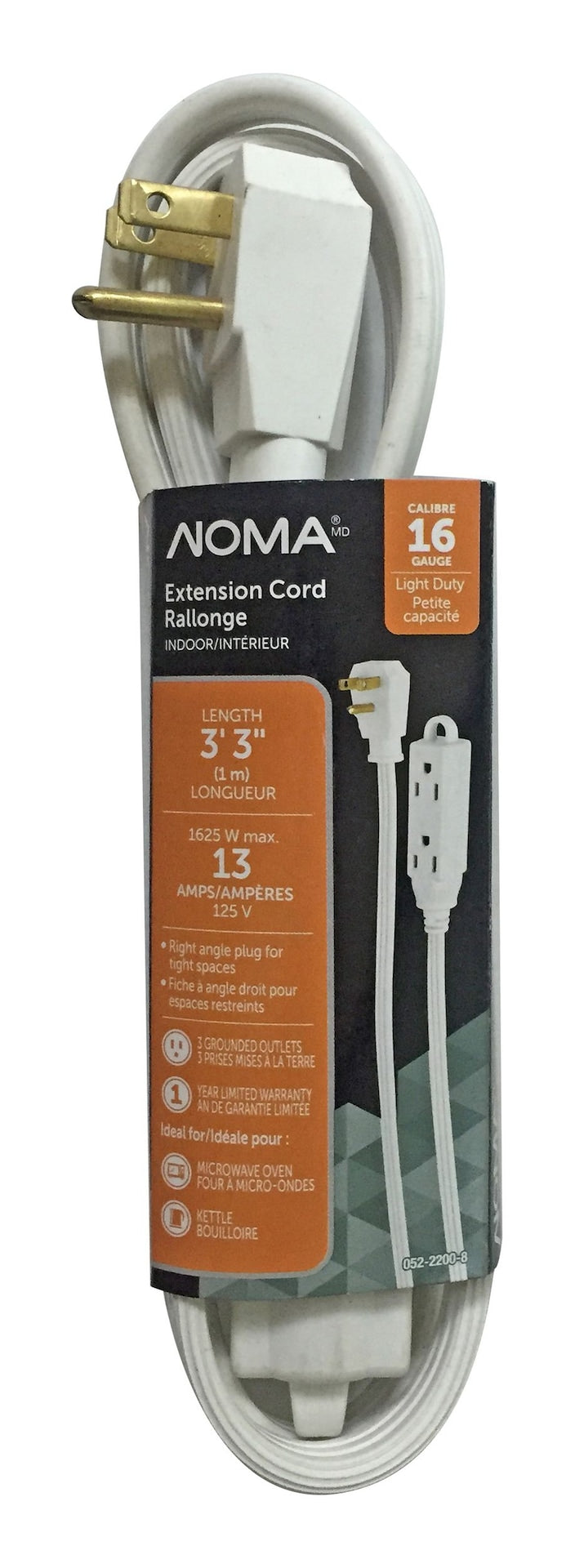 3-ft 3-in 16/3 Indoor Extension Cord with Right Angle Plug, 3 Grounded Outlets, White Q4X2 - product image 1