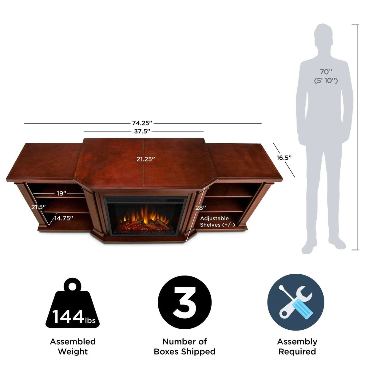 Flame Valmont Media Indoor Electric Fireplace TV Stand, 74-in, 1500W, Includes Remote Control & Firebox, Dark Mahogany X5I8 - product image 6