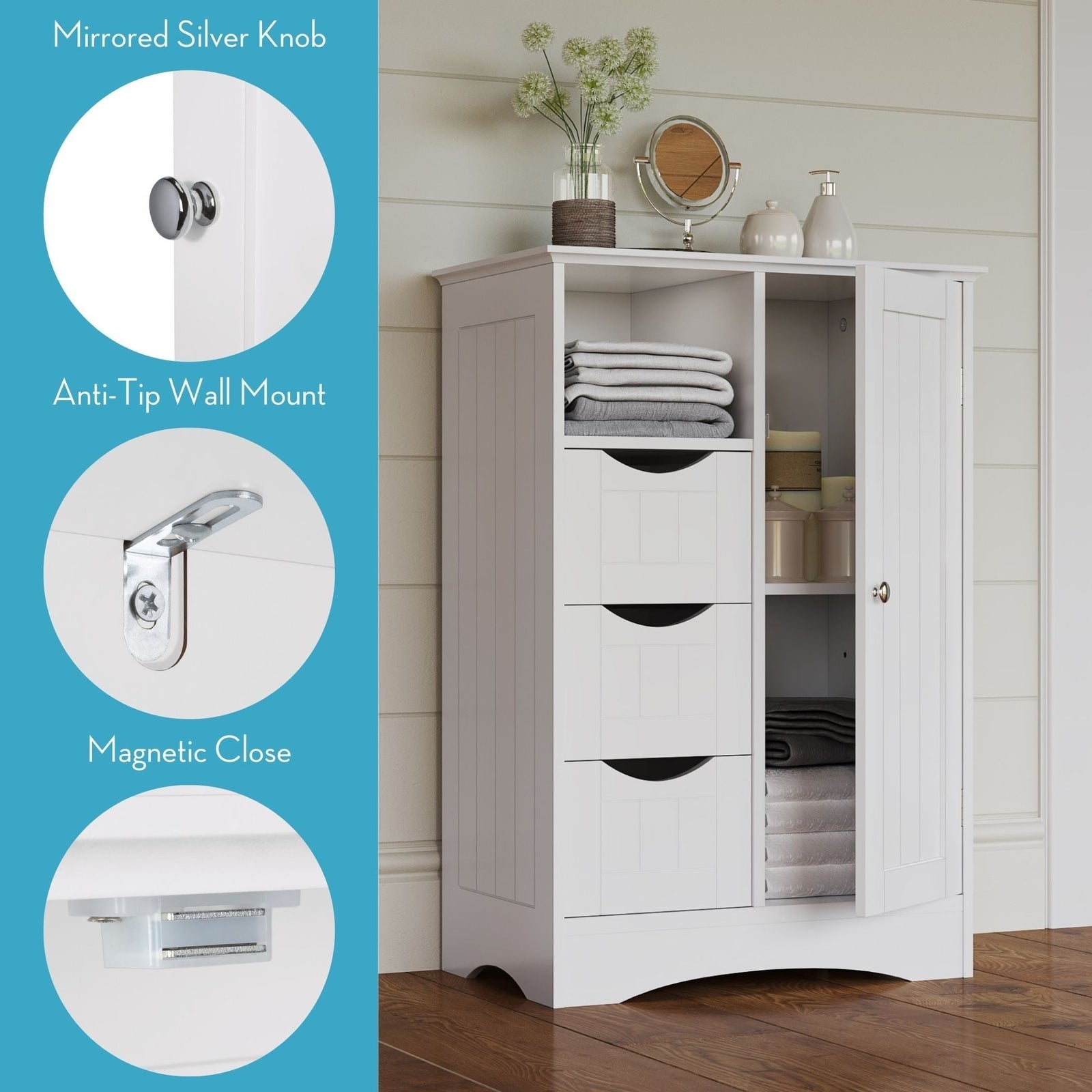 Home Ashland Single Door Bathroom & Laundry Storage Cabinet with 3 Drawers, Open Cubby & Adjustable Shelf, White N1A4 - product image 4