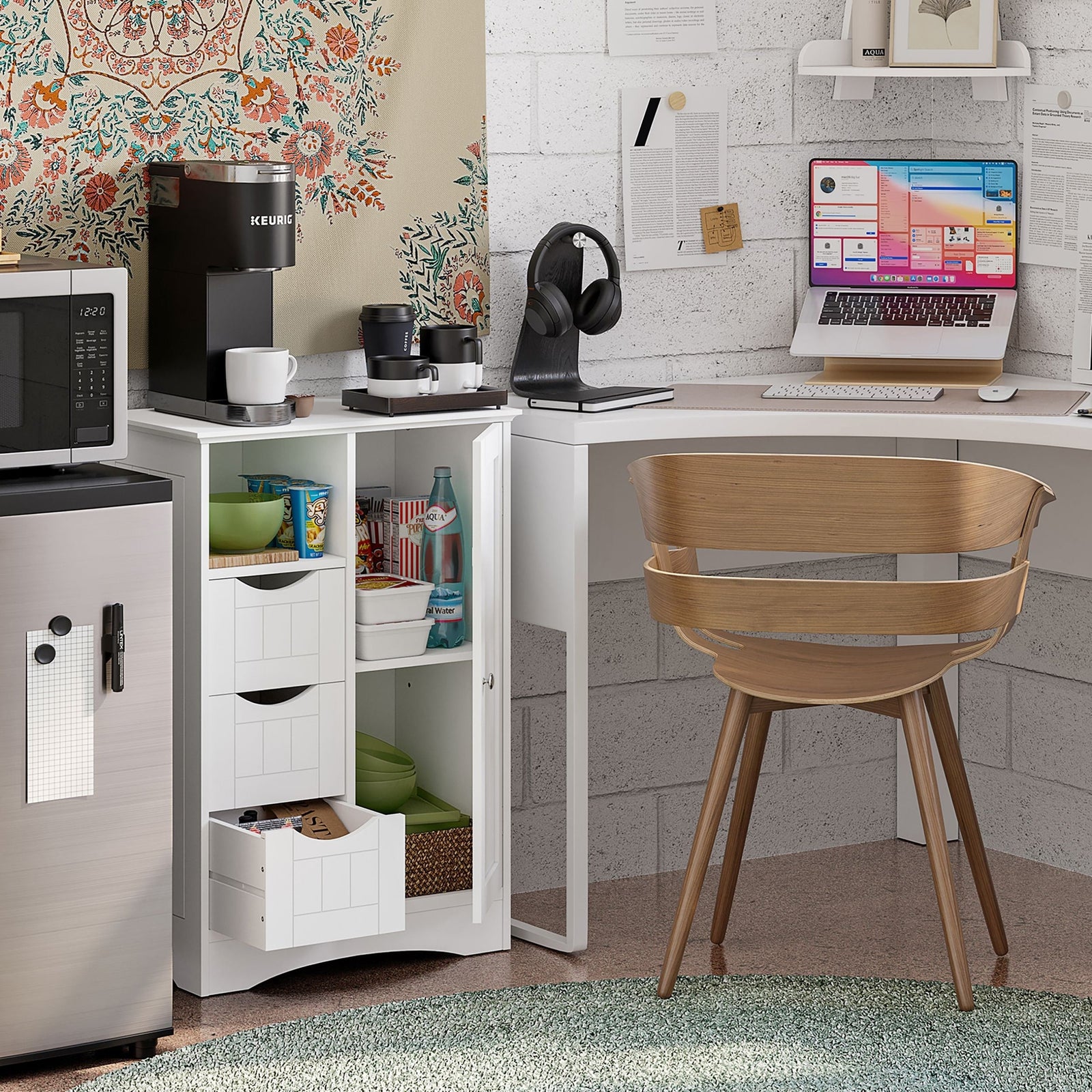 Home Ashland Single Door Bathroom & Laundry Storage Cabinet with 3 Drawers, Open Cubby & Adjustable Shelf, White N1A4 - product image 8