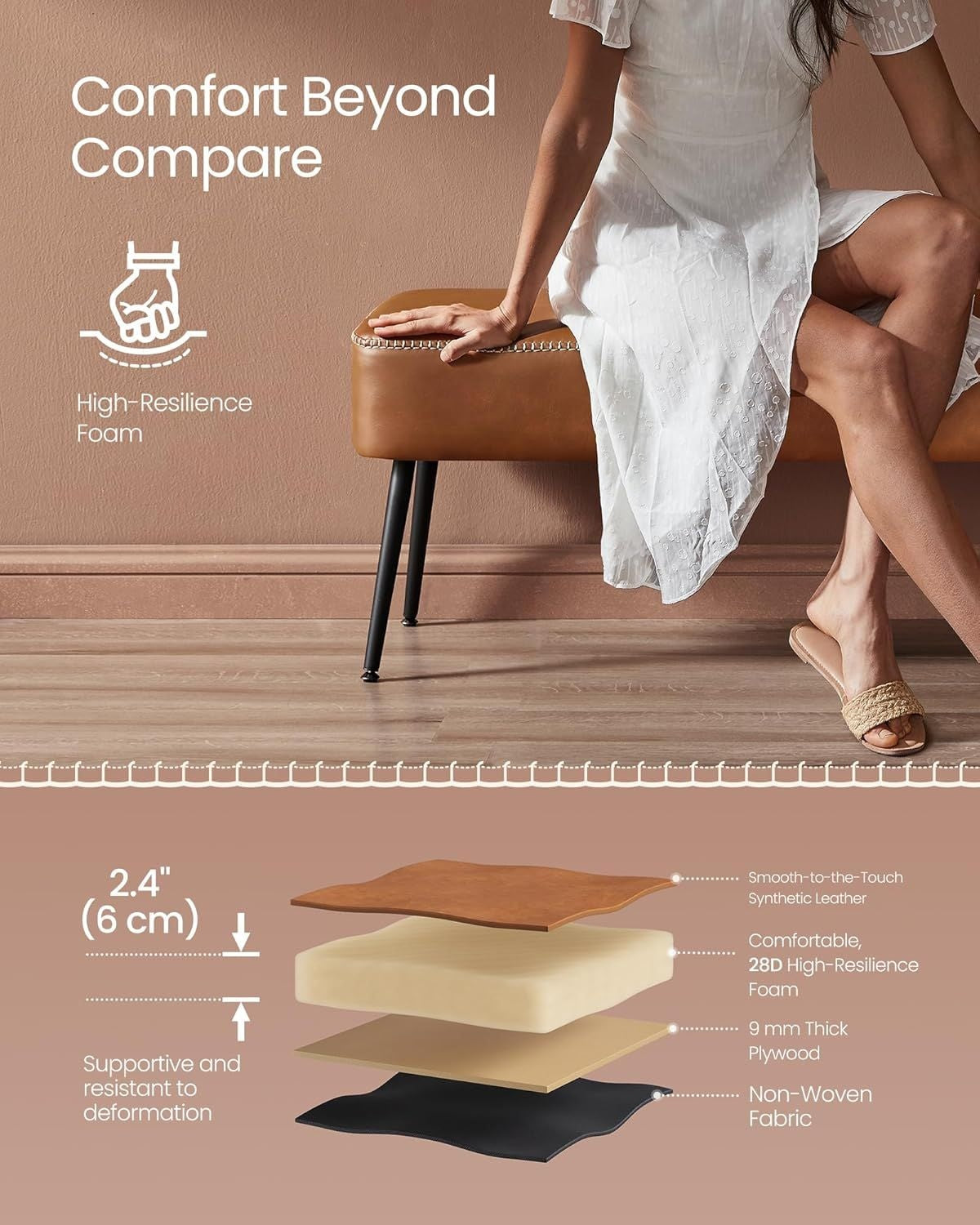 Home EKHO Collection Caramel Brown Synthetic Leather Bench S8M8 - product image 5