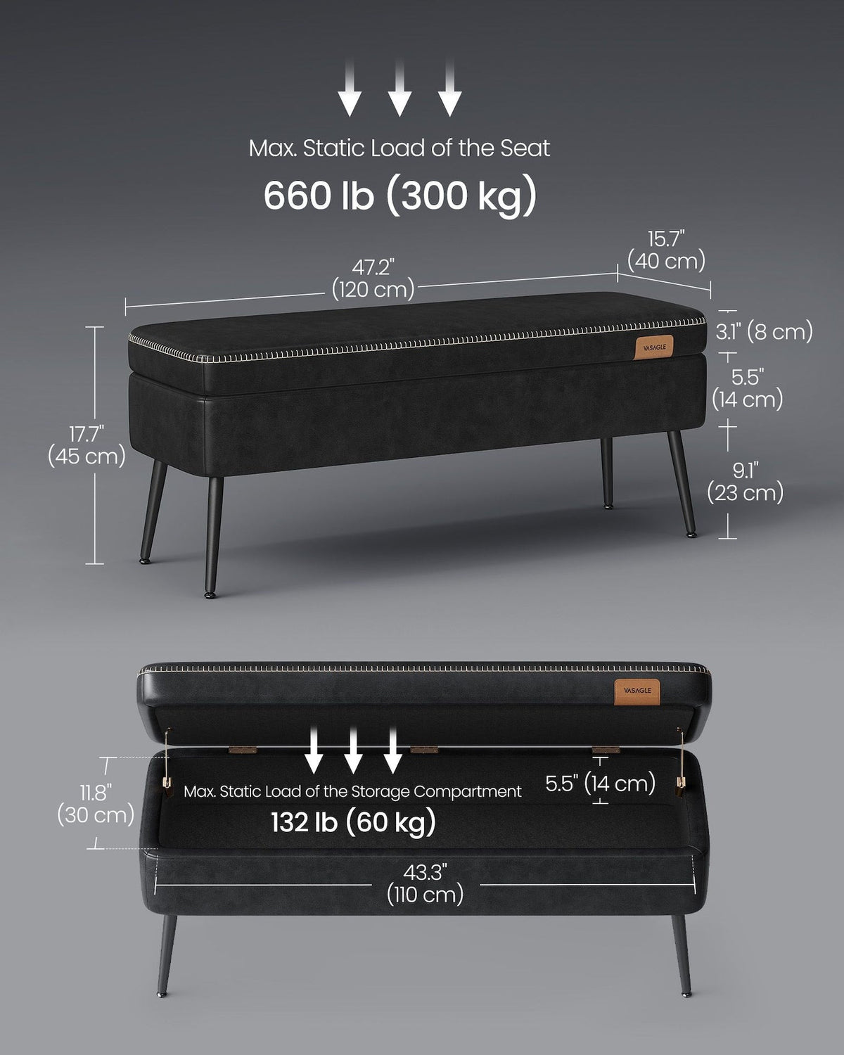 Home Mid-Century Ink Black Ottoman Storage Bench B5I0 - product image 5