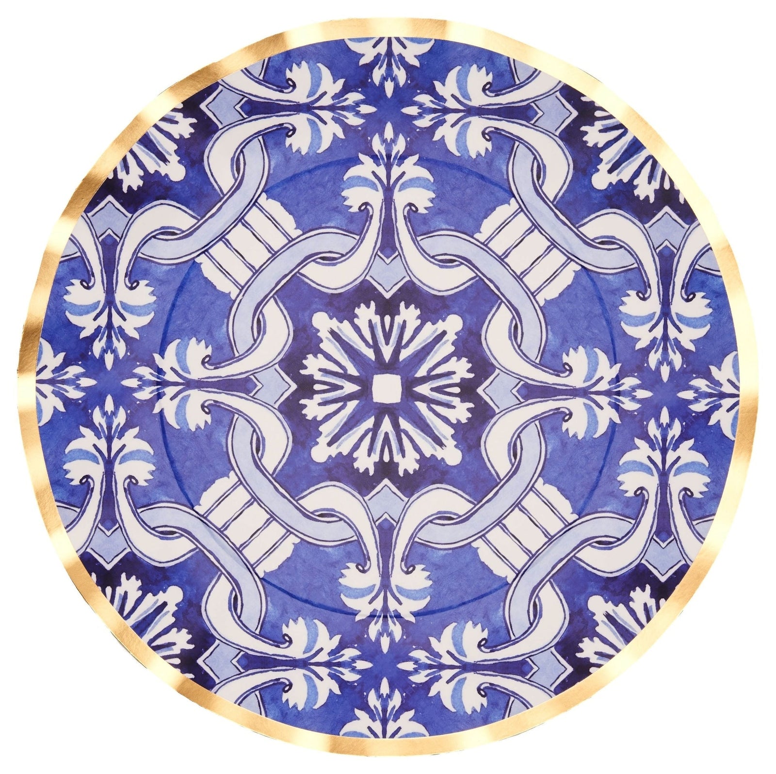 Moroccan Nights Round Bordered Trimmed Paper Disposable Dinner Plates, Blue/Gold, Tile, 10-in, 8-pk, for Mother's Day/Easter H6T0 - product image 1