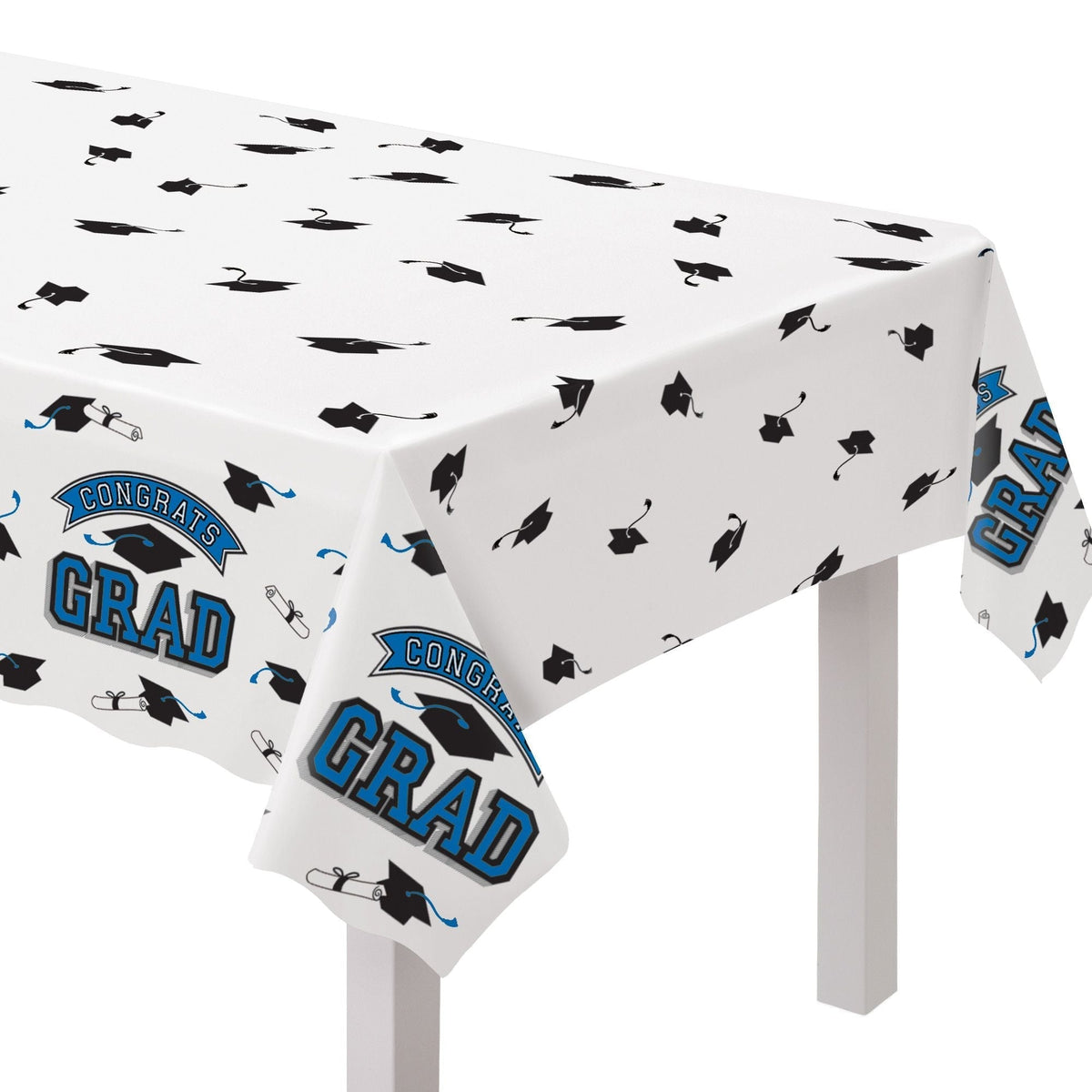 "Congrats Grad" Rectangle Plastic Reusable Table Cover, Navy, 54x84-in, for Graduation Q4Q5 - product image 1