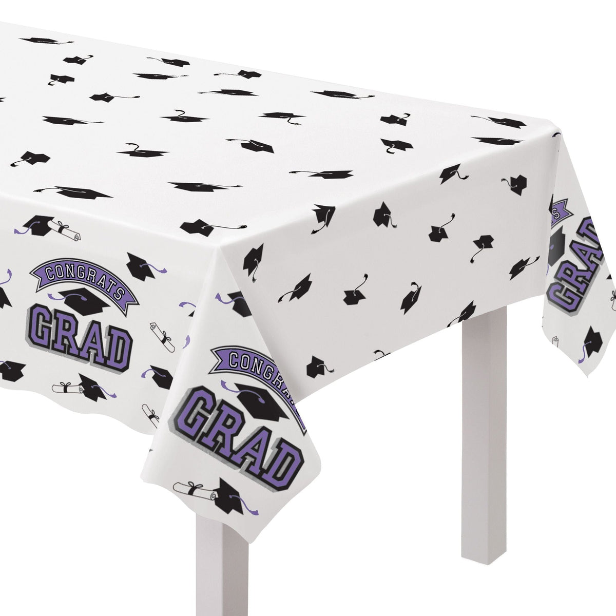 "Congrats Grad" Rectangle Plastic Reusable Table Cover, Purple, 54x84-in, for Graduation W7E0 - product image 1