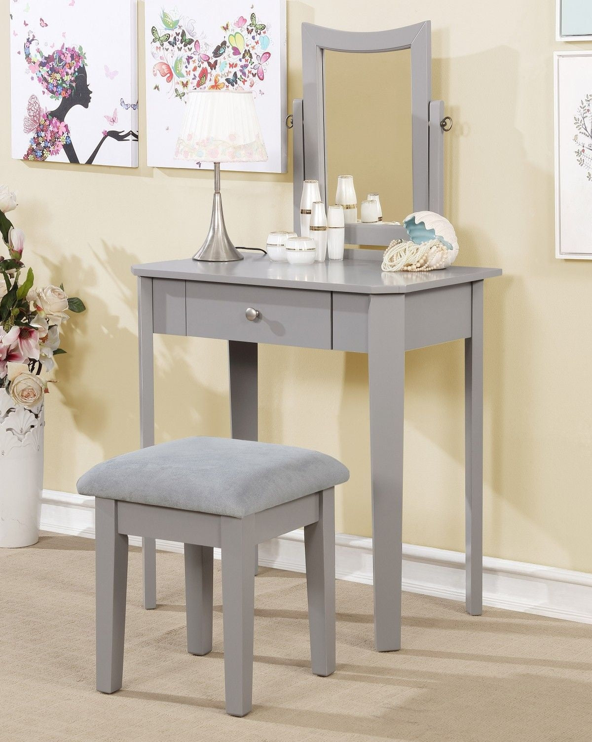 Cece 1-Drawer Grey Dressing Table Makeup Vanity Set with Stool and Mirror Y5Z3 - product image 4