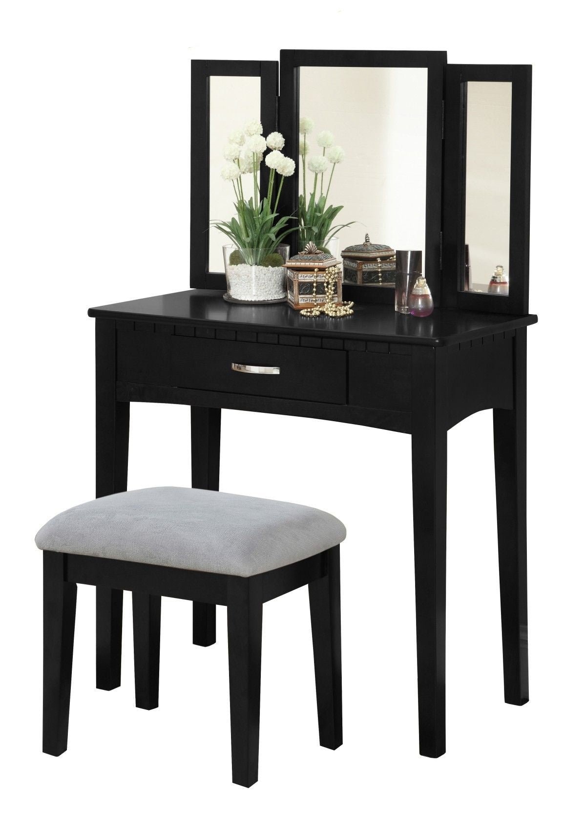 Lynn 1-Drawer Black Dressing Table Makeup Vanity Set with Stool and Mirror V9Y0 - product image 3