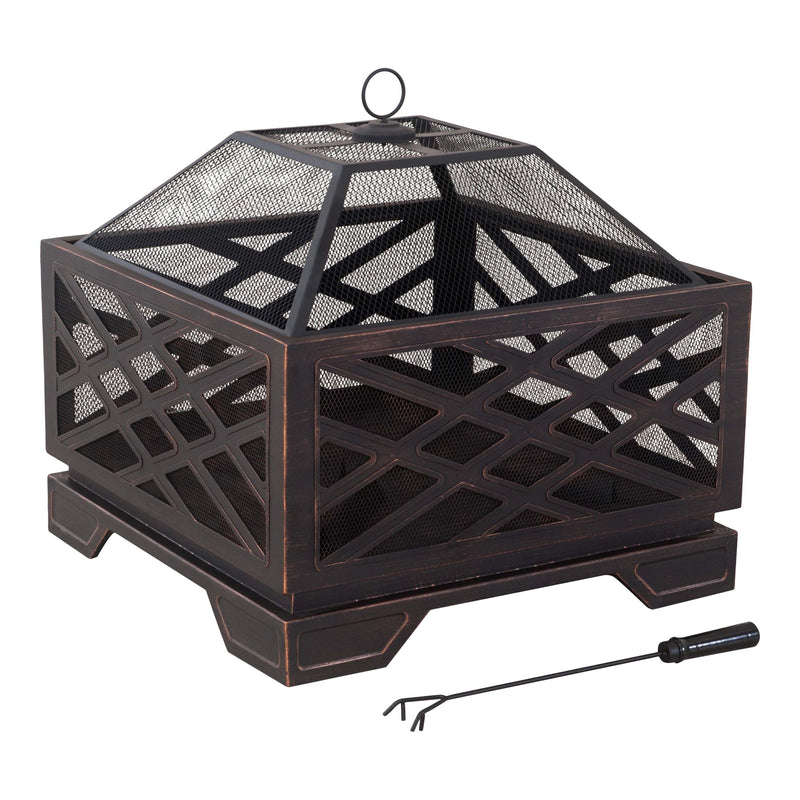 Lawrence Steel Outdoor Wood Burning Fire Pit with Fireplace Poker, 25 x 25 x 26-in O4H4
