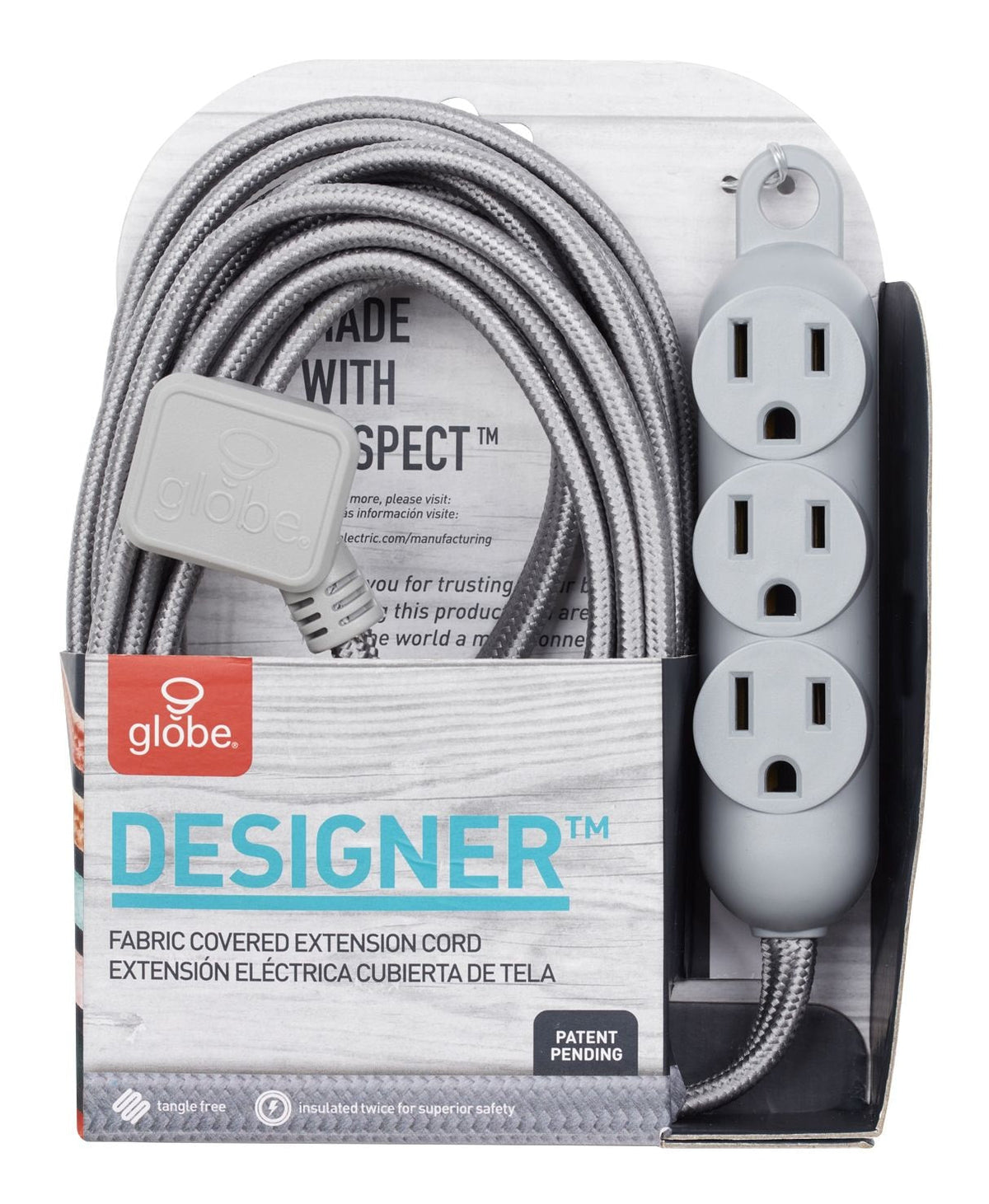 12-ft 16/3 Fabric Extension Cord, Right Angle Plug, 3 Outlets, Grey U2X9 - product image 1