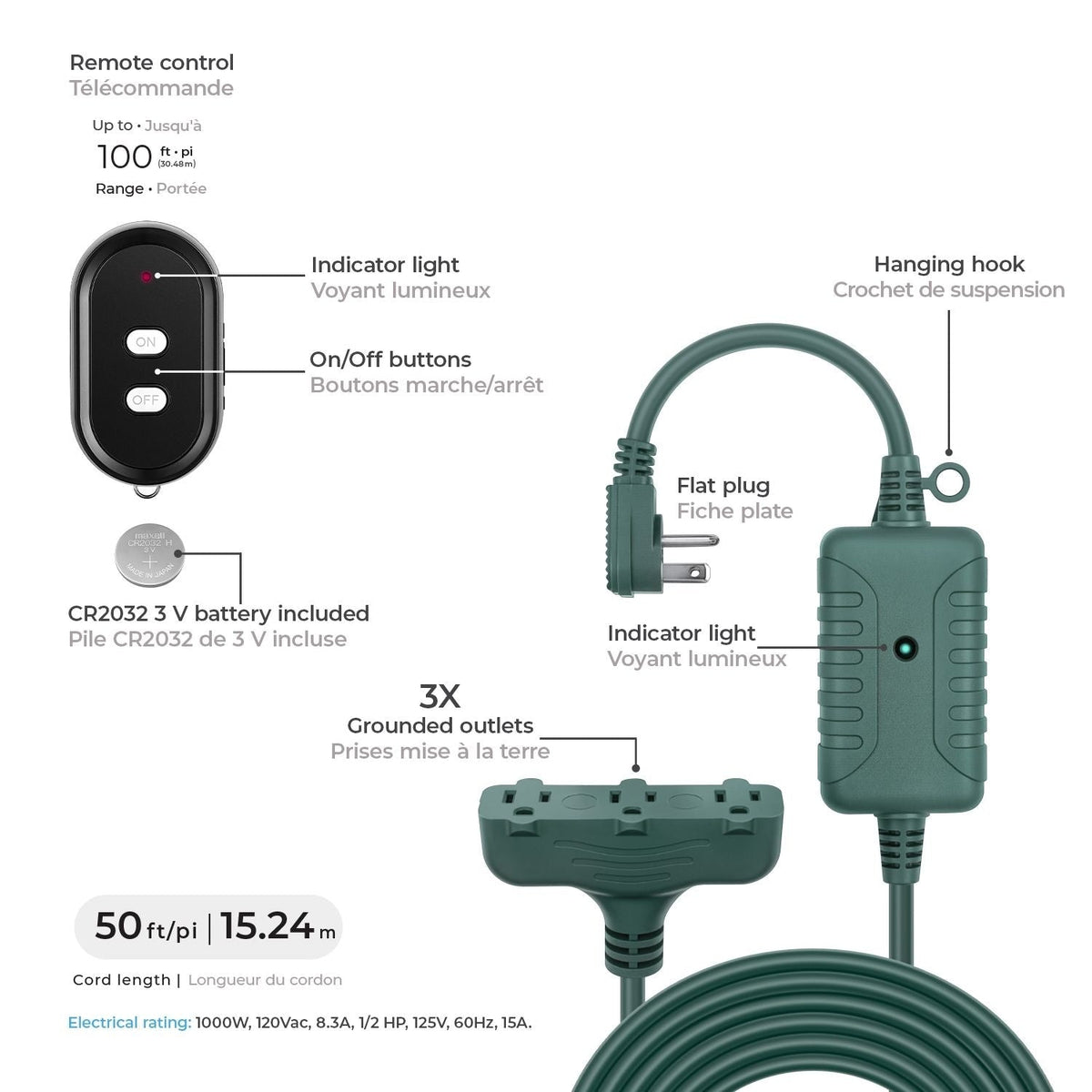Electric 50-ft 14/3 Outdoor Power Cord with Wireless Remote & 3 Grounded Outlets, Green Q1U1 - product image 6