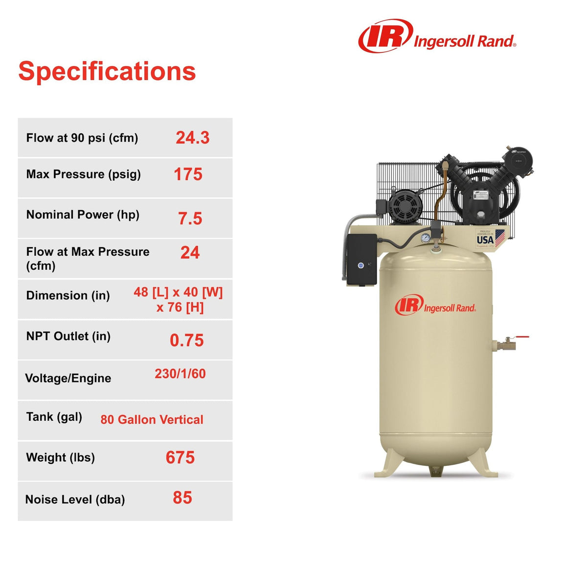 Rand 80-Gallon Vertical Air Compressor, 175 PSI, 7.5 HP X4S1 - product image 4