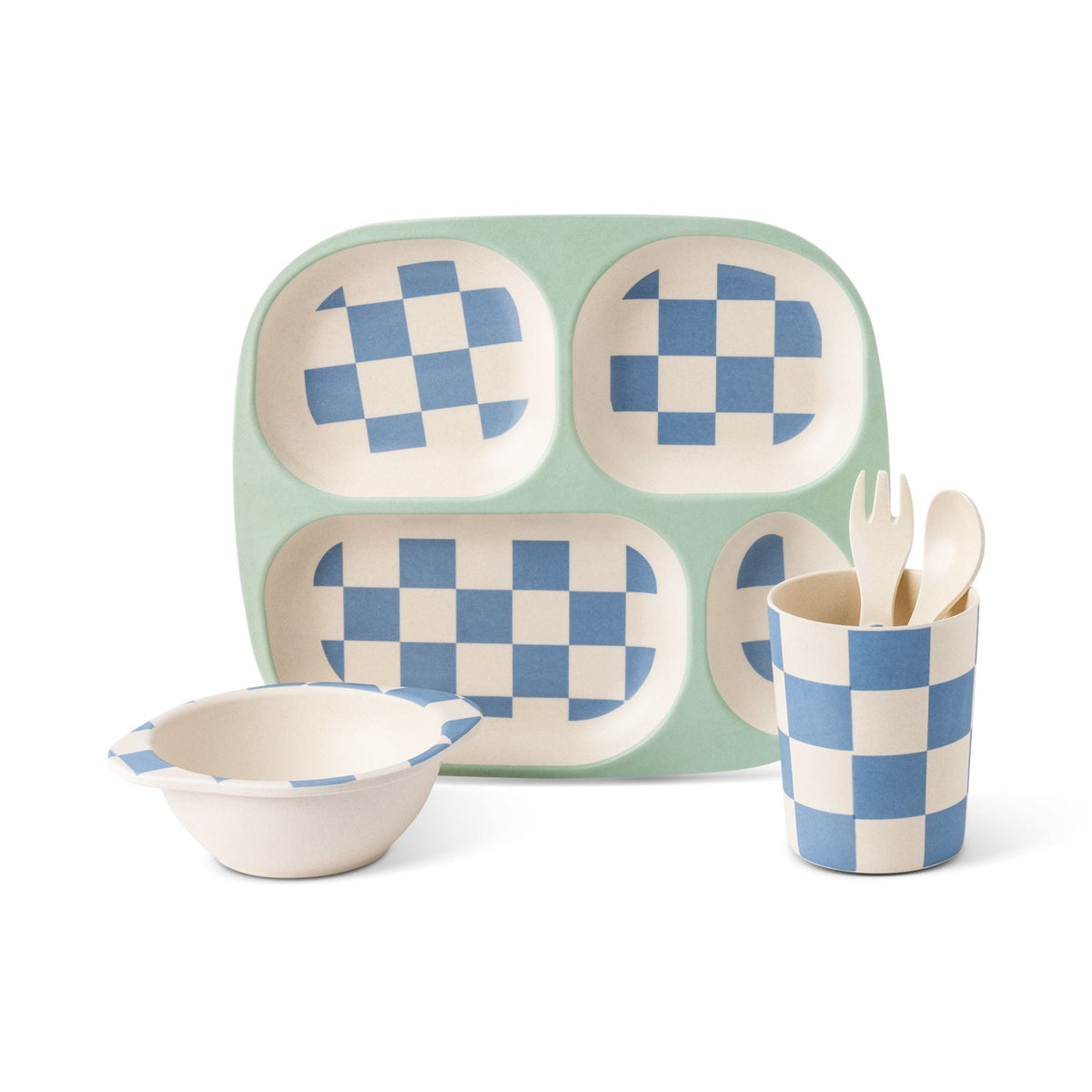 Kids' Bamboo Fiber Dinnerware Set, Blue Check, 5-pc B3F3 - product image 1