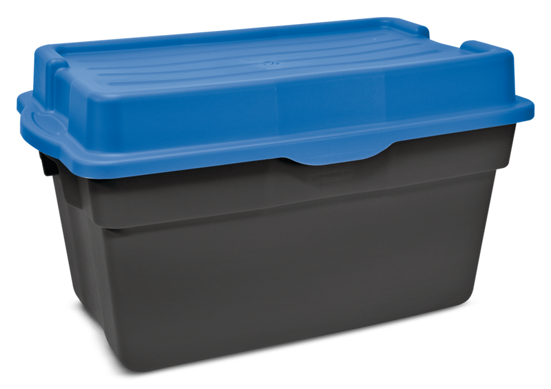 Heavy Duty Stackable Storage Box with Hinged Lid, 132-L, Black/Blue I6E5