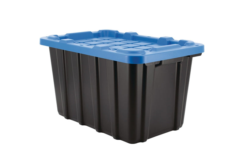 Heavy Duty Stackable Storage Box with Lid, 45-L, Black/Blue J7P3