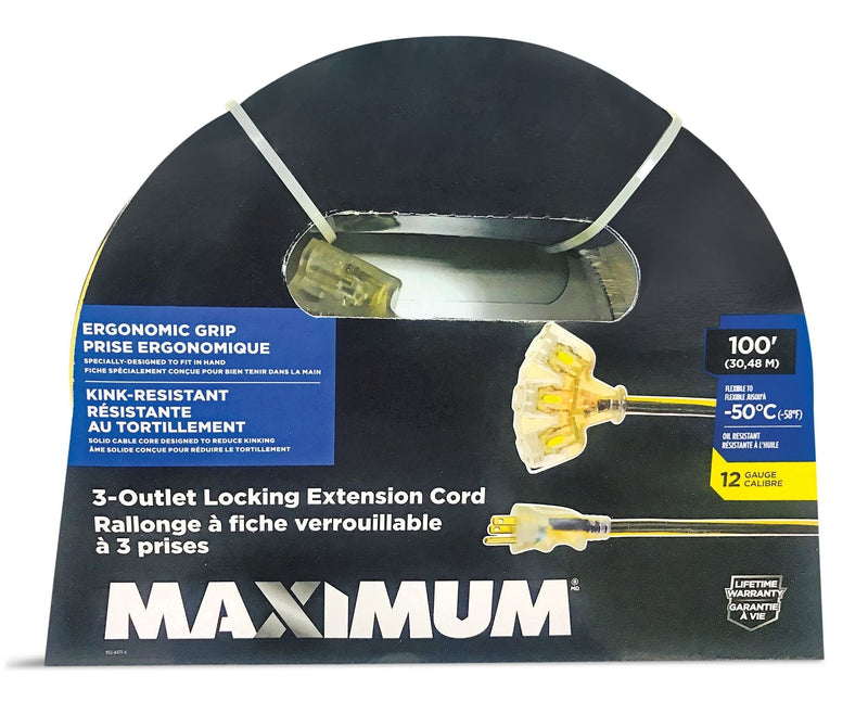 100-ft 12/3 Outdoor Extension Cord with 3 Grounded Outlets, Lighted End and Locking Connector, Yellow/Black H5V8