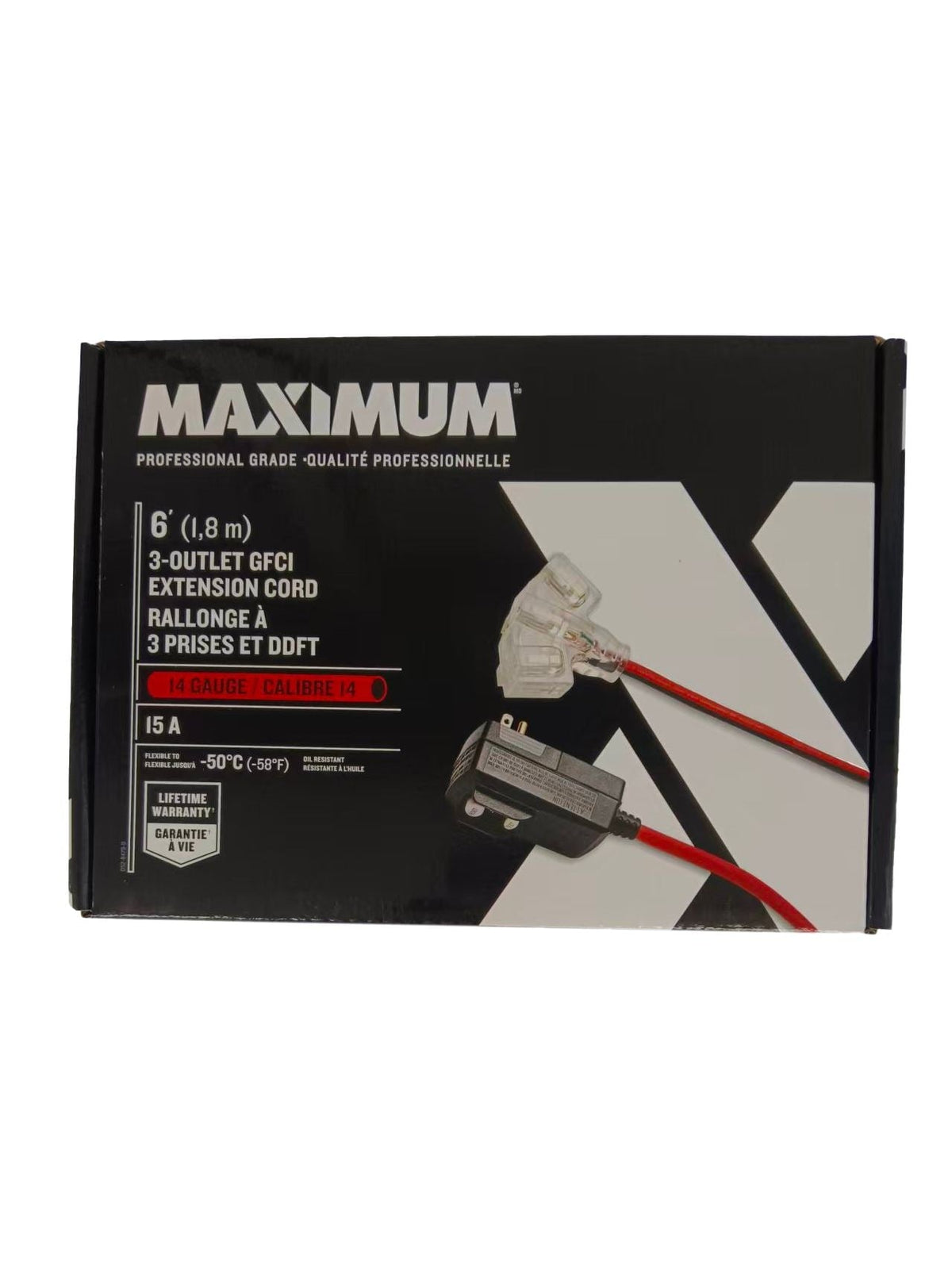 6-ft 14/3 Outdoor GFCI Extension Cord with 3 Grounded Outlets, Lighted End, Block/Red C8V6 - product image 1