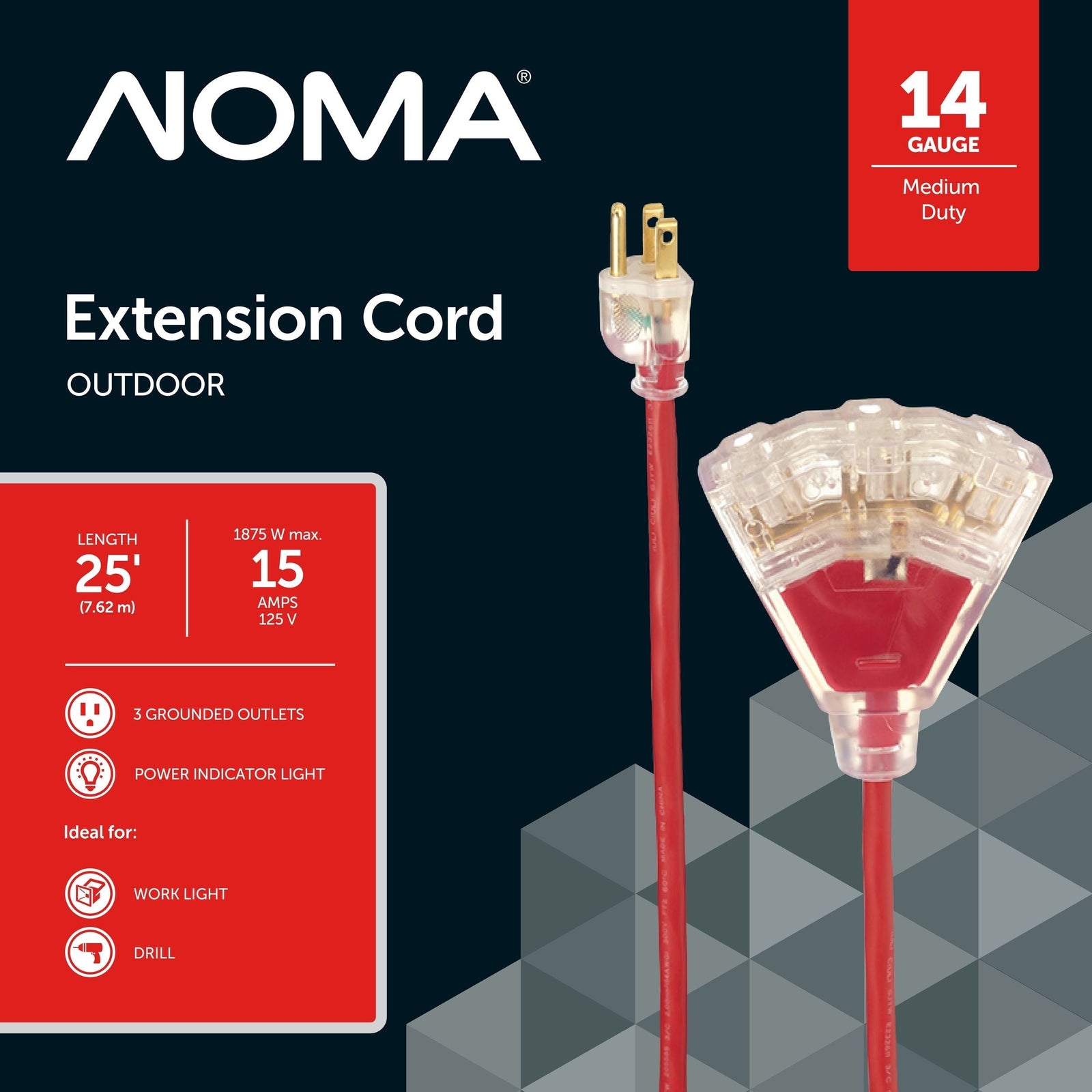 14/3 Outdoor Extension Cord with 3 Grounded Outlets & Lighted End, Red I1H8 - product image 1
