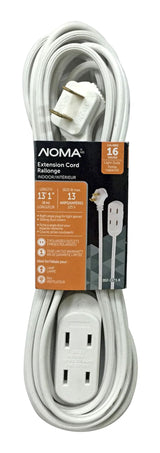 15-ft 16/2 Indoor Extension Cord, 3 Outlets, Flat Plug, White O4Z5 - product image 1