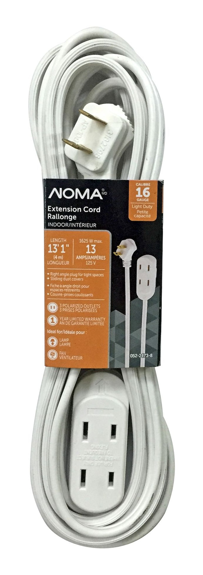 15-ft 16/2 Indoor Extension Cord, 3 Outlets, Flat Plug, White O4Z5