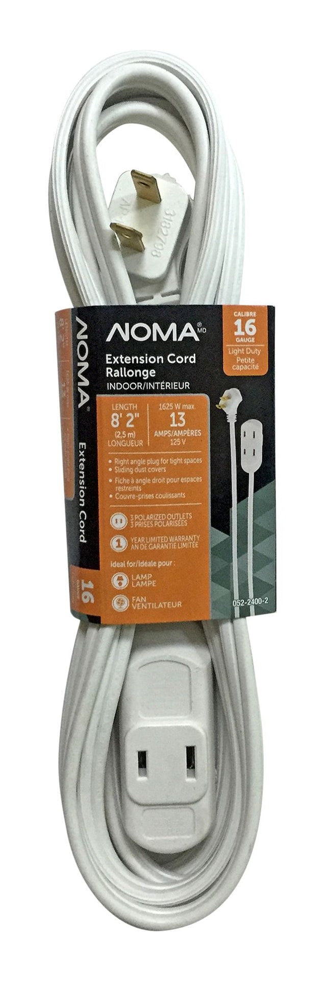 8-ft 2-in 16/2 Extension Cord, Flat plug, 3 Outlets, White Q9M6