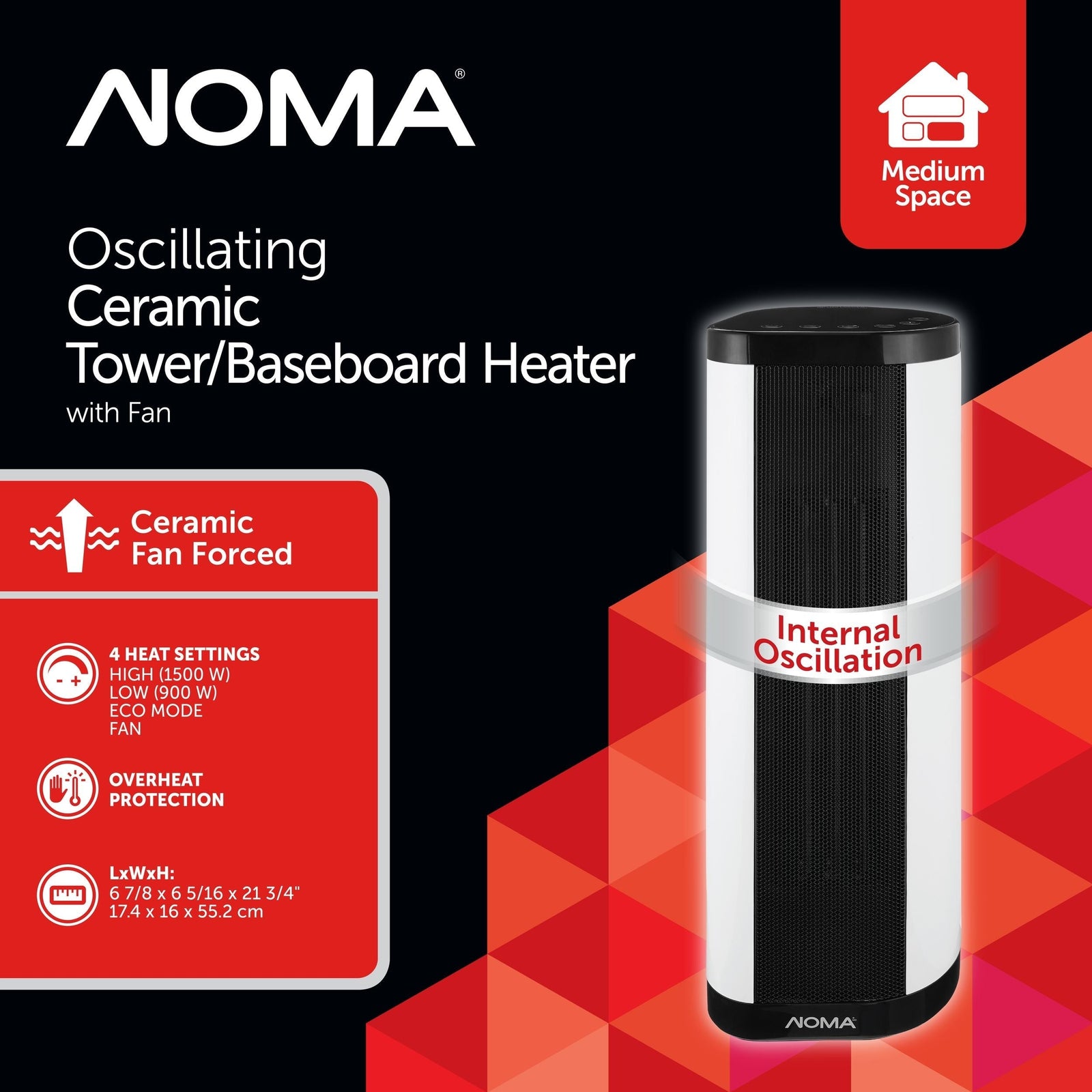 Oscillating Tower/Baseboard Heater withRemote Control & Thermostat, 1500W, White V5A7 - product image 3
