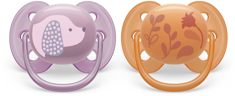 Ultra Soft Pacifier, 6-18 Months, Violet Puppy & Orange Leaves, 2-pk Z2N6