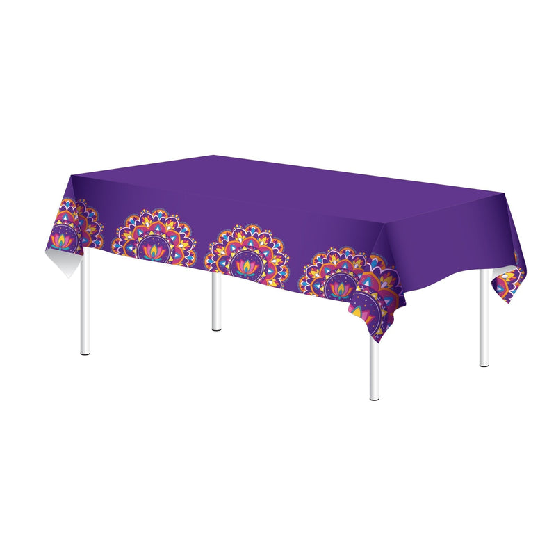 Patterned Rectangle Plastic Reusable Table Cover, Multi-Coloured, 51x87-in, for Diwali B4Q0