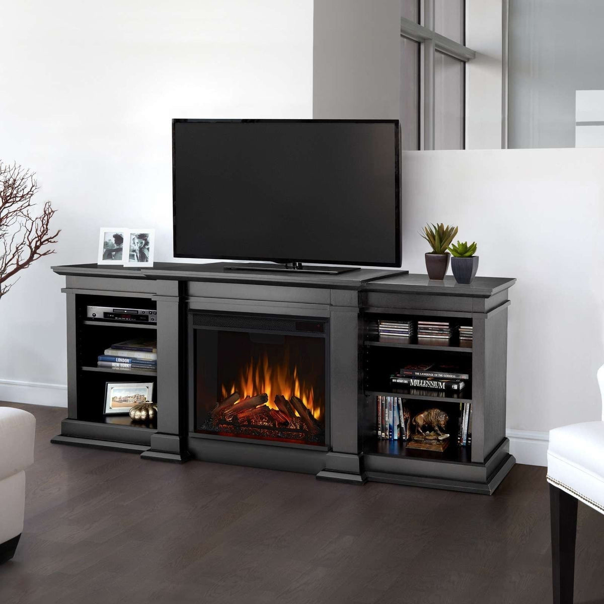 Flame Fresno Media Indoor Electric Fireplace TV Stand, 72-in, 1500W, Black K6Q2 - product image 7
