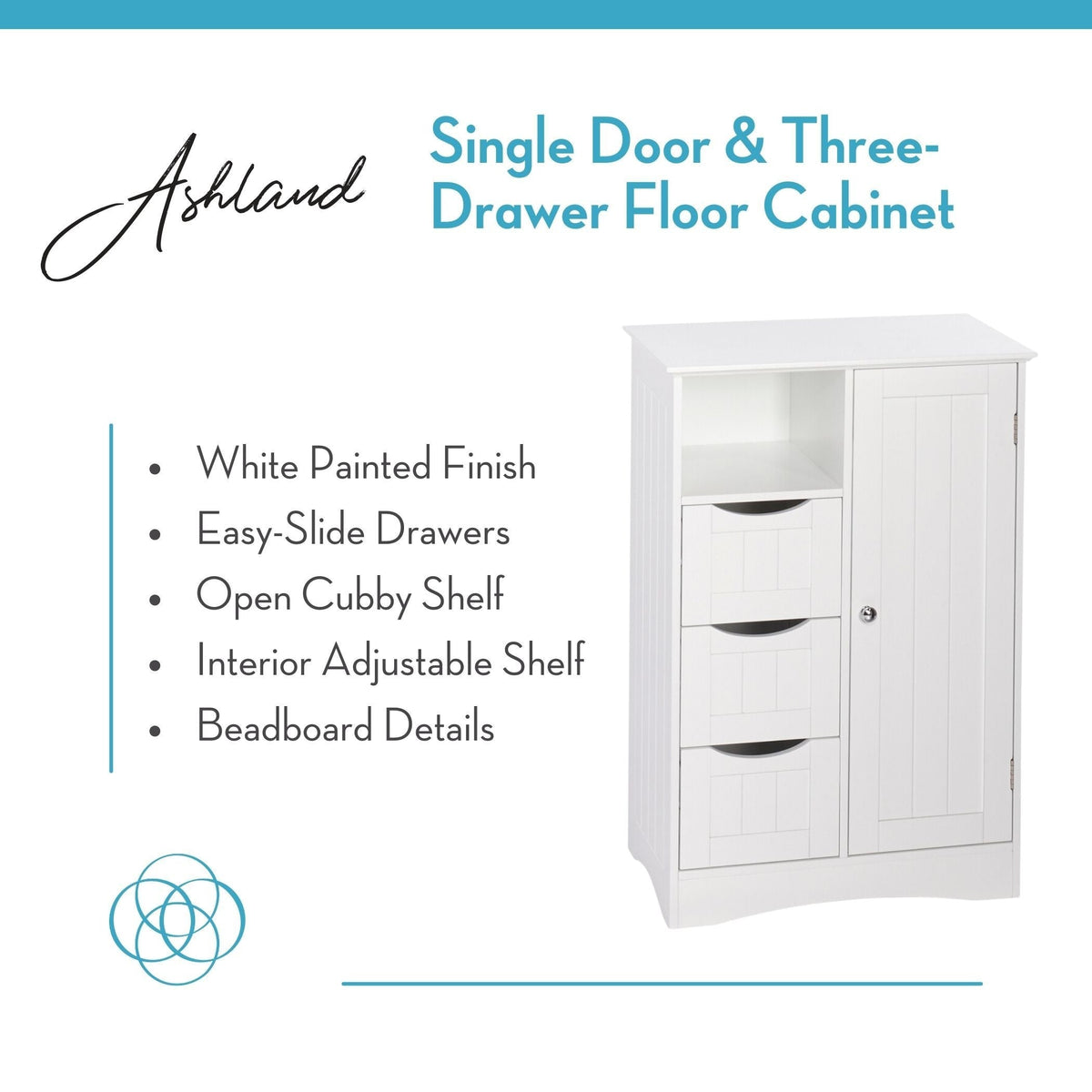 Home Ashland Single Door Bathroom & Laundry Storage Cabinet with 3 Drawers, Open Cubby & Adjustable Shelf, White N1A4 - product image 3