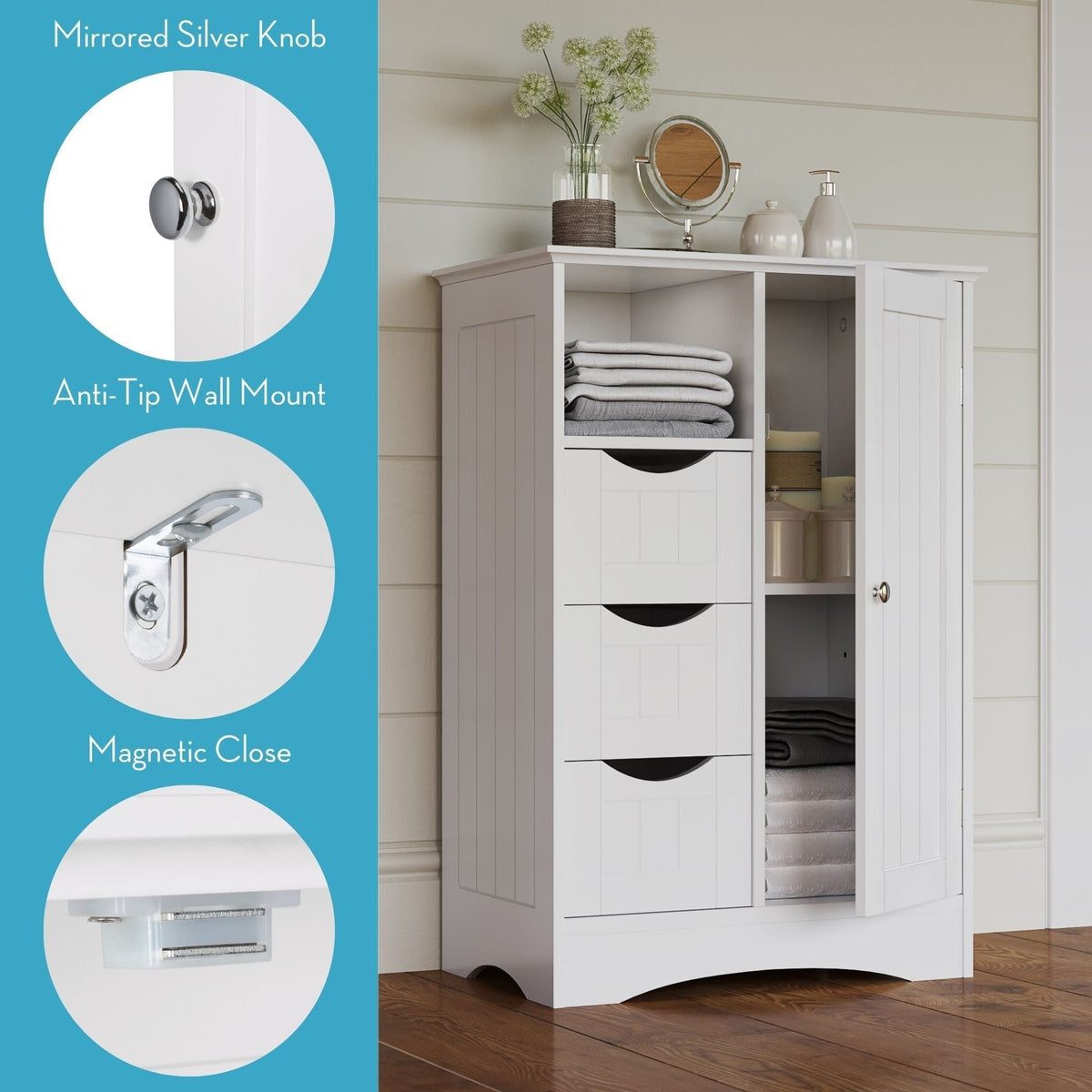 Home Ashland Single Door Bathroom & Laundry Storage Cabinet with 3 Drawers, Open Cubby & Adjustable Shelf, White N1A4 - product image 4