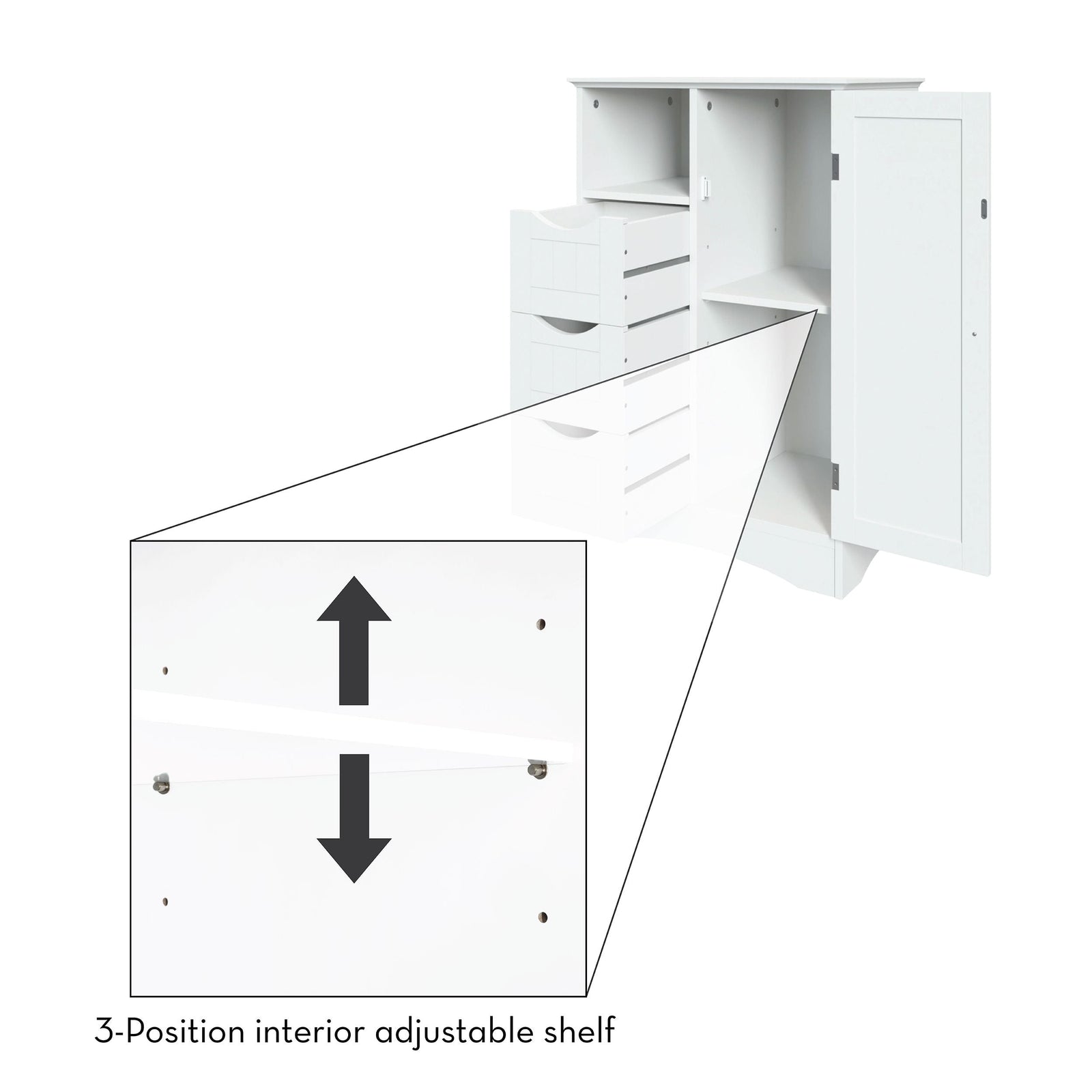 Home Ashland Single Door Bathroom & Laundry Storage Cabinet with 3 Drawers, Open Cubby & Adjustable Shelf, White N1A4 - product image 5