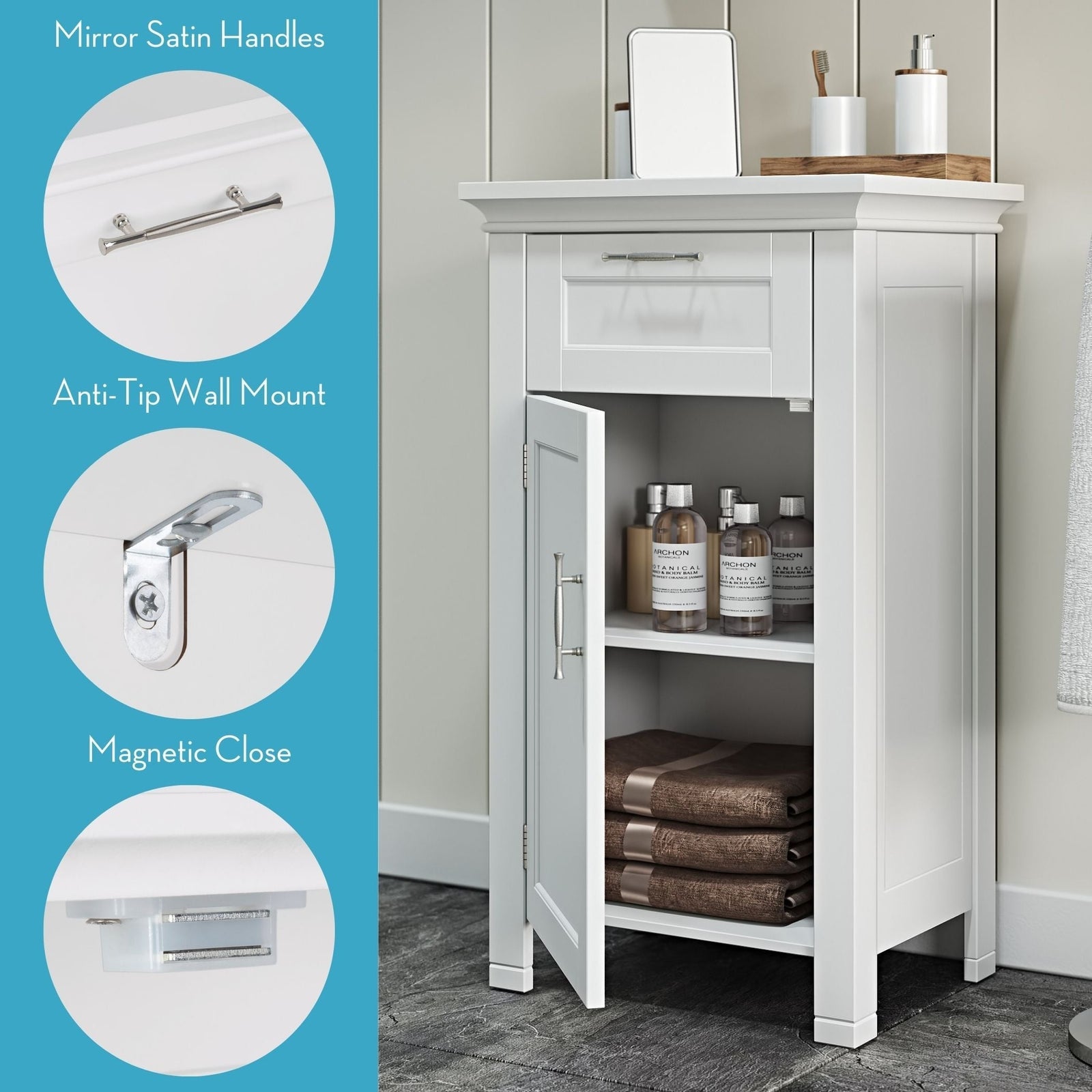 Home Somerset Single Door Bathroom & Laundry Storage Cabinet with Drawer & Adjustable Shelf, White K8O4 - product image 5