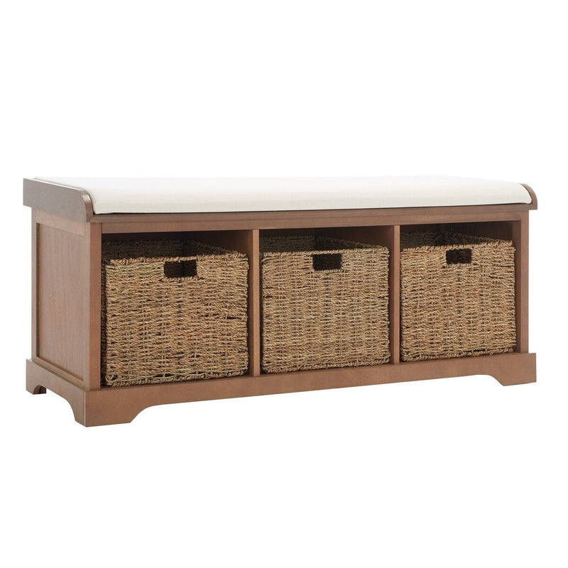 Lonan Wicker Storage Bench, Grey Wash/White, 16.1-in x 47-in x 19.9-in N1H7