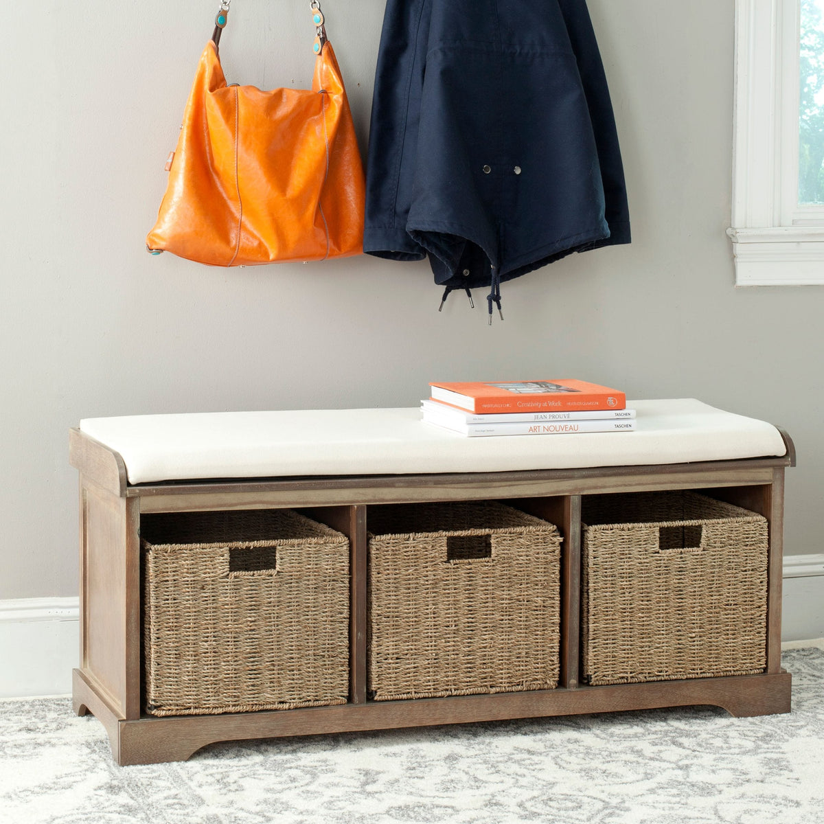 Lonan Wicker Storage Bench, Grey Wash/White, 16.1-in x 47-in x 19.9-in N1H7 - product image 8