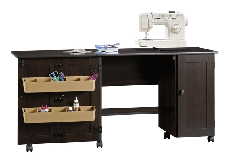 Folding Sewing & Craft Table/Storage Cart with Locking Wheels, Cinnamon Cherry Finish I1U0