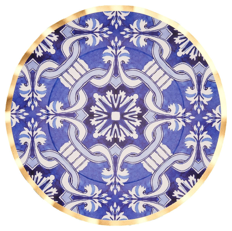 Moroccan Nights Round Bordered Trimmed Paper Disposable Dinner Plates, Blue/Gold, Tile, 10-in, 8-pk, for Mother's Day/Easter H6T0