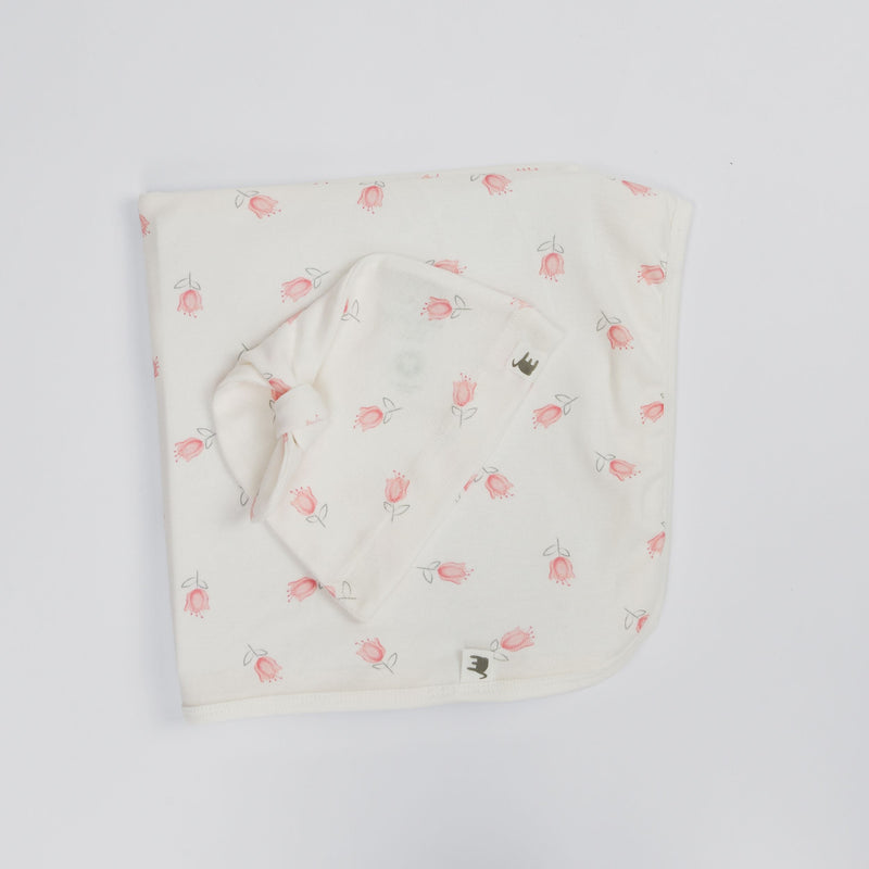 The Elk Baby Tulip Print Premium Organic Cotton Blanket and Beanie Set B6U5