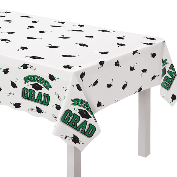 "Congrats Grad" Rectangle Plastic Reusable Table Cover, Green, 54x84-in, for Graduation Y7A3