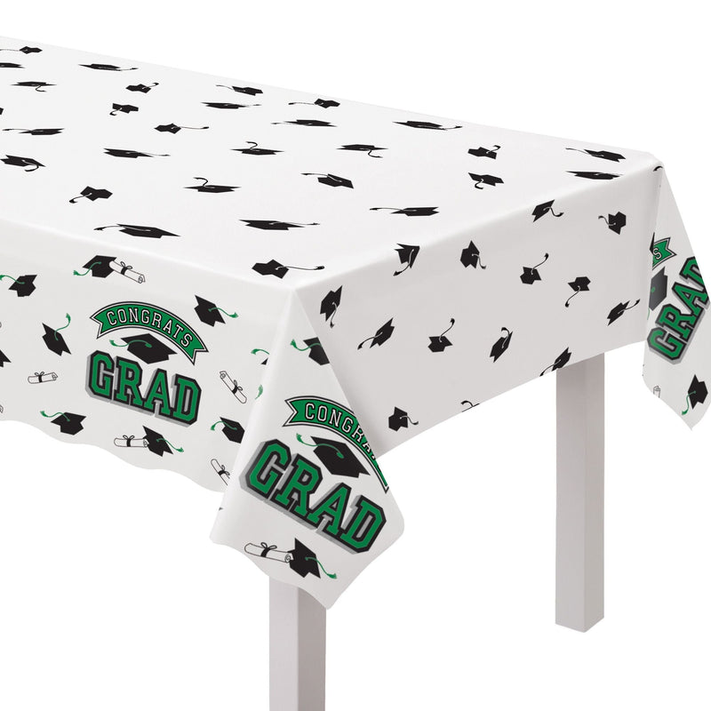 "Congrats Grad" Rectangle Plastic Reusable Table Cover, Green, 54x84-in, for Graduation Y7A3