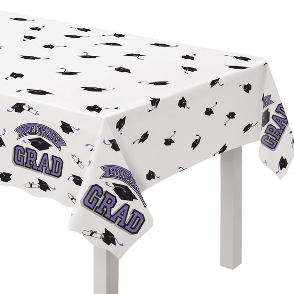 "Congrats Grad" Rectangle Plastic Reusable Table Cover, Purple, 54x84-in, for Graduation W7E0