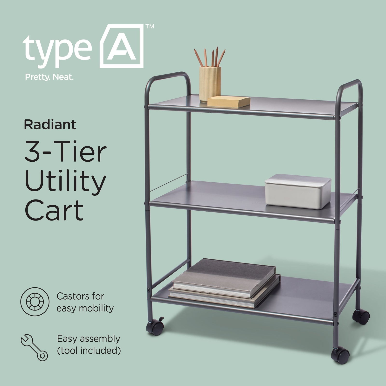 type A Radiant 3-Tier Utility Cart with Wheels, Grey Q4Y8 - product image 3