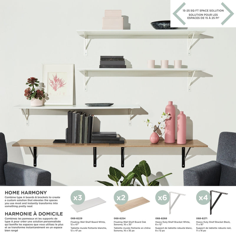 type A Wooden Floating Wall Shelf Board, White, 12 x 47-in I7D9